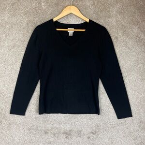 Chico’s Sweater Womens 1 Black Long Sleeve Pullover V Neck Tight Knit- 3932